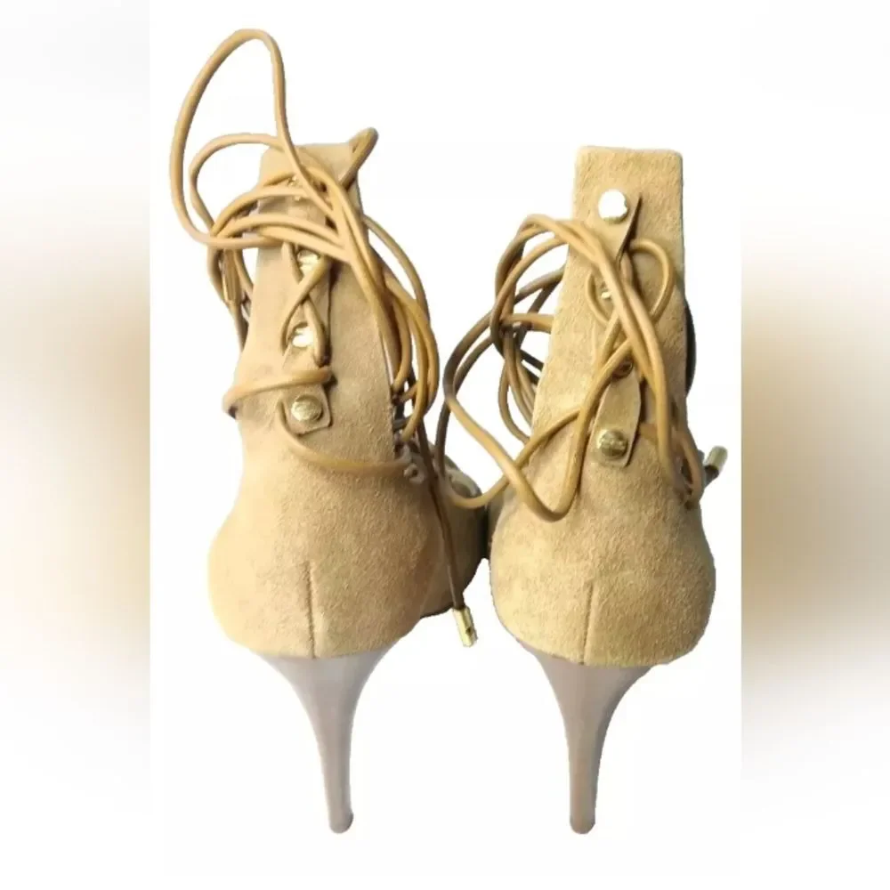 Tory Burch Jakey Gladiator Heels Tan Suede Caged Shoes Size 10.5 M